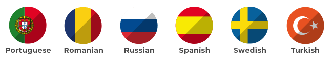 Portuguese, Romanian, Russian, Spanish, Swedish, Turkish Portuguese, Romanian, Russian, Spanish, Swedish, Turkish