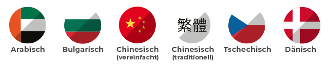 Arabisch, Bulgarisch, Chinesisch (traditionell und vereinfacht), Tschechisch und Dänisch Arabisch, Bulgarisch, Chinesisch (traditionell und vereinfacht), Tschechisch und Dänisch